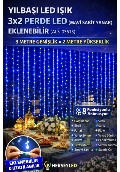 Yılbaşı Led Işık 3x2 Perde Led Mavi Sabit Yanar Eklenebilir Mavi