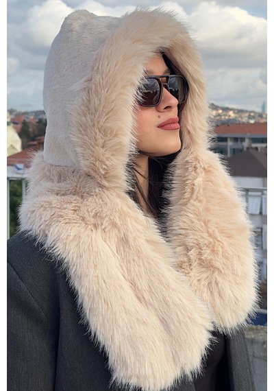 Mollycrush Kadın Bej Suni Kürk Eşarp Atkı Şapka Kışlık Sıcak Tutan Soft Peluş Model Bej