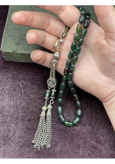 Alpaka Tuğralı Asansör Püsküllü Koyu Yeşil Sıkma Kehribar Tesbih 7x11 Mm