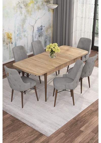 Mona Meşe Desen 80x132 Açılabilir Mdf Masa Yemek Odası Takımı, Mutfak Takımı 6 Adet Sandalye Meşe Masa - 6 Gri - Ceviz Ayak Mona Meşe Desen 80x132 Açılabilir Mdf Masa Yemek Odası Takımı, Mutfak Takımı 6 Adet Sandalye Meşe Masa - 6 Gri - Ceviz Ayak