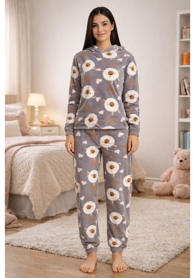 Burcumay Kadın Desenli Kapüşonlu Gri Polar Pijama Takımı Gri