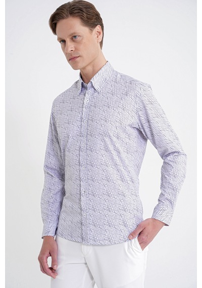 Slim Fit Pamuklu Baskılı Desen Yaka Düğmeli Gri Gömlek G 1603