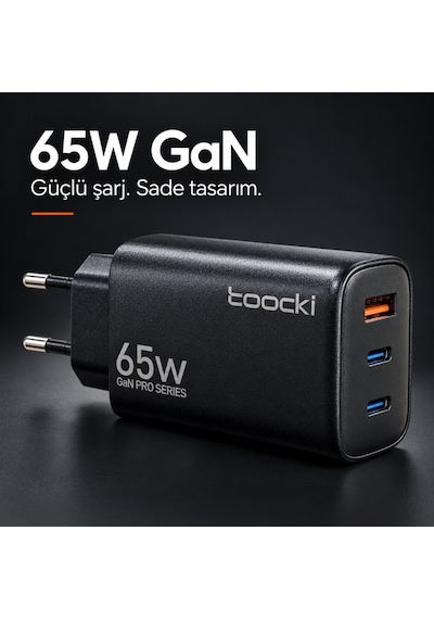 Toocki 65w Gan Pro 3 Portlu Hızlı Şarj Adaptörü 2 Usb-c Ve 1 Usb-a Pd 3.0 Pps Qc 3.0 Avrupa Tipi Fiş Siyah 14360204
