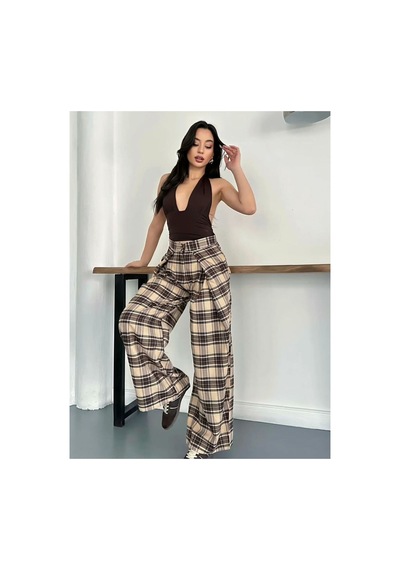 Asur Boutique Asur Butik Kadın Fular Detaylı Ekose Pantolon Bej