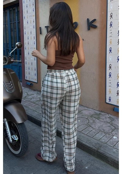 Bej Ekose Desenli Balon Fit Kadın Pantolon Mg2686 Bej