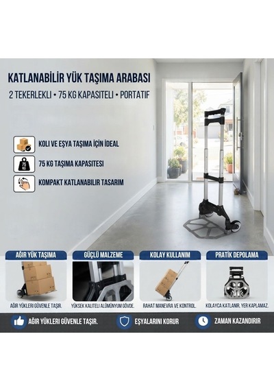 Buffer Katlanabilir Yük Taşıma Arabası, 2 Tekerlekli 75 Kg Kapasiteli Portatif Eşya Ve Koli Taşıma Arabası
