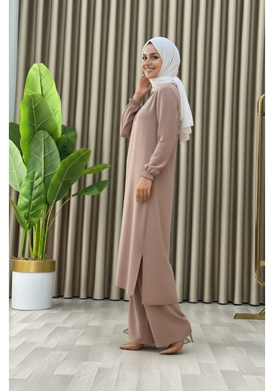 Mismoly Tesettür İkili Takım Uzun Tunik Bol Paça Pantolon 4006-bej Bej