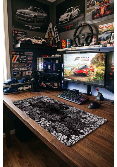 Siyah Beyaz Çiçekli Hayvan Silüeti 40x90 Cm Oyuncu Mousepad Kaymaz Taban Büyük Boy Mousepad