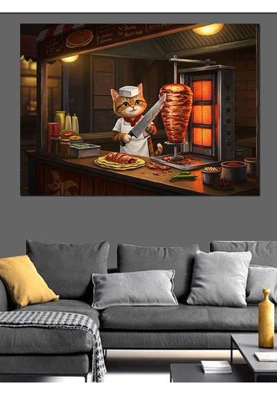 Döner Kesen Kedi Dekoratif Kanvas - Mdf Ahşap Tablo