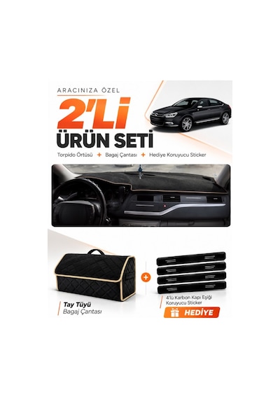 E-biz Cıtroen C5 2008-2015 Uyumlu Torpido Örtüsü + Tay Tüyü Bagaj Çantası Seti - Siyah-bej - Cı003