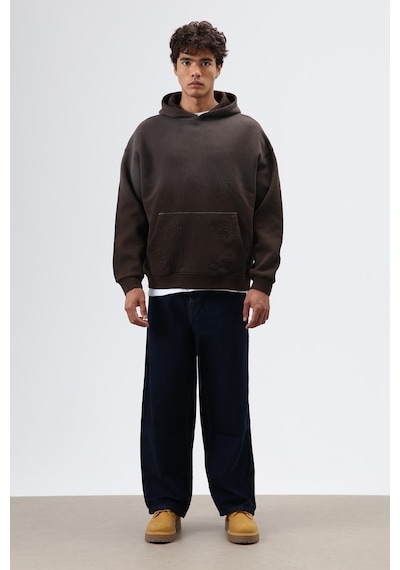 Vamos Oversize Nakış Detaylı Hoodie Kahve