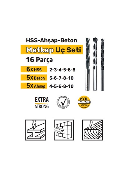 Sgs1418 Hss Metal, Ahşap, Beton Matkap Uç Seti Takımı 16 Parça