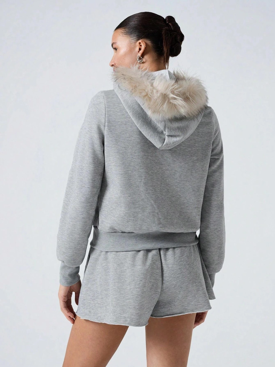 Afri Kadın Gri Fermuarlı Kapüşonlu Sweatshirt Kürklü Kapüşon, Cepli, Rahat Kalıp Gri