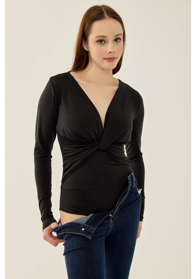 Hiccup V Yaka Uzun Kollu Slim Fit Bodysuit Siyah