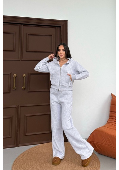 Mezka Kadın Çift Fermuar Detaylı Kapüşonlu Kışlık Şardonlu Oversize Eşofman Takımı Gri