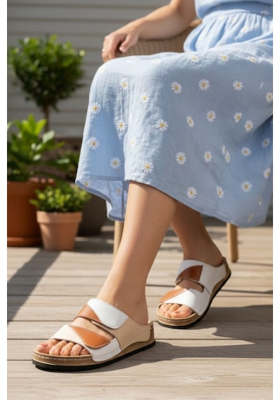 Napa Shoes Hakiki Deri Renkli Bantlı Rahat Taban Günlük Kadın Terlik Napa-305 Bej