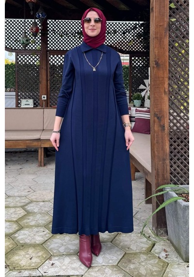 Rabia Şamlı Biricik Kemerli Triko Elbise Lacivert Normal