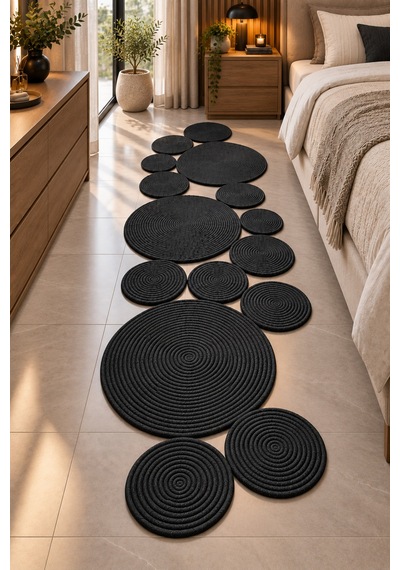 Bohem Asimetrik Jüt El Yapımı Yuvarlak Detaylı Jüt Hasır Görünümlü Dekoratif Kilim, Organik Form Modern Banyo Mutfak Koridor Halı Kilim Paspas Doğal Tasarım Siyah Siyah Bohem Asimetrik Jüt El Yapımı Yuvarlak Detaylı Jüt Hasır Görünümlü Dekoratif Kilim, Organik Form Modern Banyo Mutfak Koridor Halı Kilim Paspas Doğal Tasarım Siyah Siyah