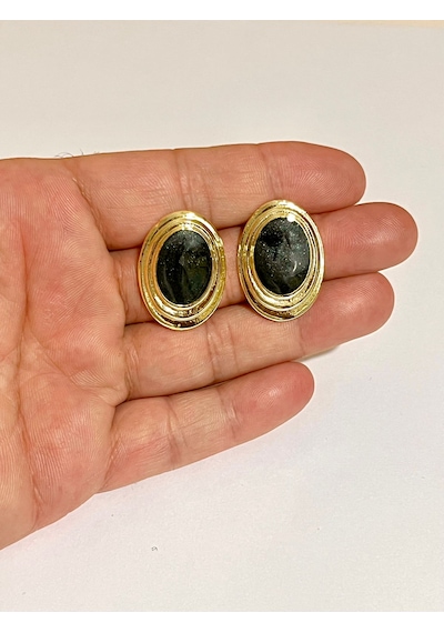 Vintage Gold Oval Siyah Taşlı Küpe - Retro Şıklık Altın - Siyah