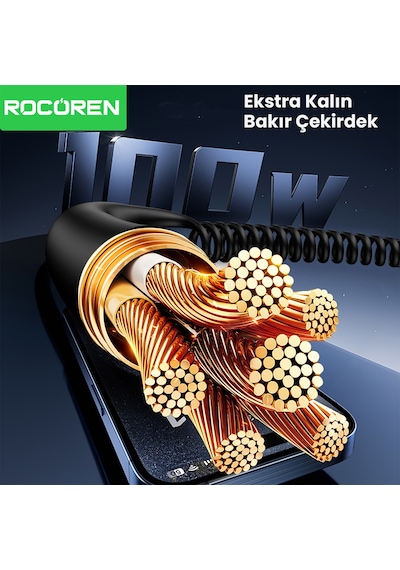 Rocoren 100w 5a E-marker Çipli Spiral Type-c To Type-c Hızlı Şarj Ve Data Kablosu 1.6 Metre