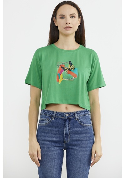 Oversize Baskılı Crop Tişört - Yeşil Çok Renkli