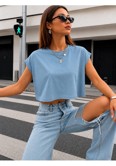 Bonnywıll Bonnywılll Bisiklet Yaka Düşük Kol Crop T-shırt Açık Mavi