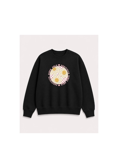 Herkesemoda Gülen Yüzler Emoji Baskılı 2 İplik Şardonlu Bisiklet Yaka Sweatshirt Siyah