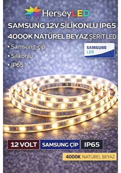 Samsung 12v Silikonlu Ip65 4000k Şerit Led 5 Metre/ Paket