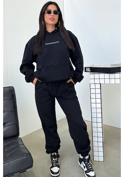 Siyah That So Fetch Eşofman Takımı - Baskılı Oversize Kapüşonlu Şardonlu Siyah