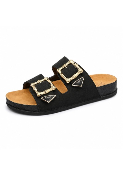 Koray Shoes Piomi Kadın Çift Tokalı Ortopedik Siyah Süet Anatomik Destekli Şık Terlik