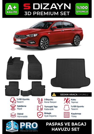 S-dizayn Fiat Egea Sedan 3d Pro Havuzlu Paspas Ve Bagaj Havuzu Seti 2'li Set 2015 Üzeri A+ Kalite