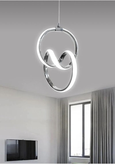 Çift Daireli Krom Led Avize Beyaz Işık Gümüş