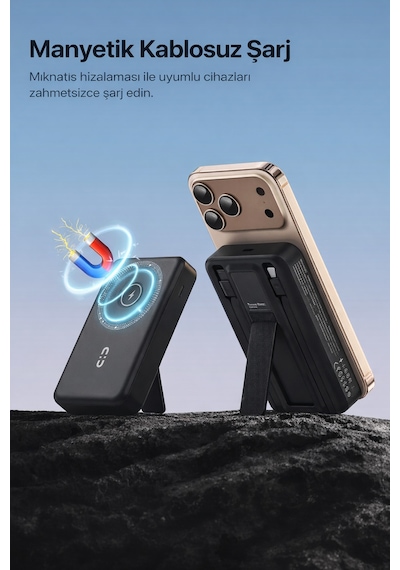 22.5w Hızlı Şarj 10.000 Mah Kablosuz Powerbank Dahili Kablolu Taşınabilir Şarj Cihazı Magsafe Uyumlu Siyah