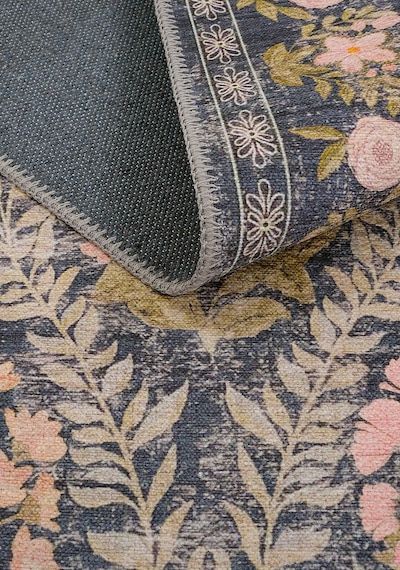 Cool Halı Daisy Kömür Mavi Bohem Halı Yıkanan Çiçek Desenli Dokuma Şönil Halı Otantik Vintage Halı
