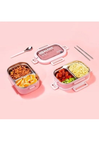 Tantitoni Pembe Paslanmaz Çelik 2 Katlı Chopstıck Ve Kaşıklı Yemek Taşıma Kabı 1.65l