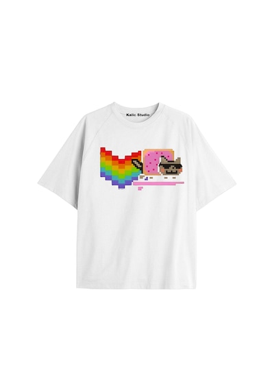Kalic Studio Nyan Nyan Cat Oversize Unisex T-shirt Beyaz Bordo