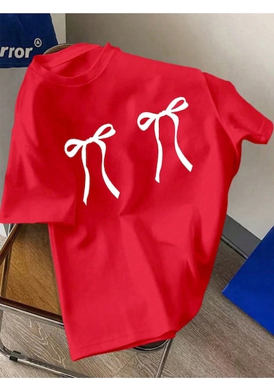 Uyguntarz Unisex Çift Kurdele Tasarım Basklı Tshirt Kırmızı