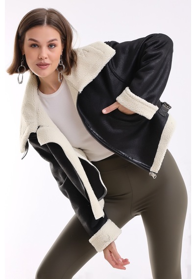 Winmoda34 İçi Kürk Astarlı Biker Kısa Ceket Siyah