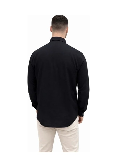 Defymoda Erkek Keten Kumaş Oversize Uzun Kollu Rahat Kalıp Gömlek - Siyah