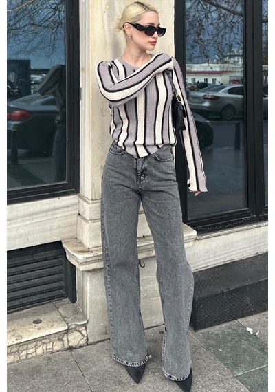 Madmext Siyah Yüksek Bel Paçası Yırtmaçlı Kadın Jean Mg1384 Siyah