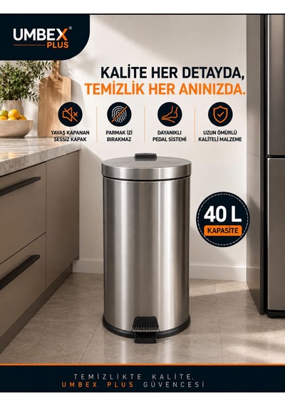 40 Lt Krom Metal Çöp Kovası Çöp Kutusu Pedallı Amortısorlu Paslanmaz Kapak