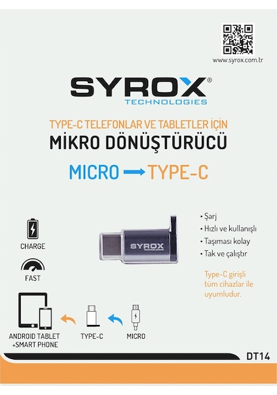 Micro Usb Giriş Type-C Uç Şarj Çıkış Dönüştürücü Syrox Dt14