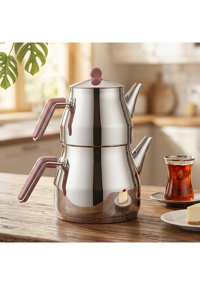 Porsima 1026-1 Prizma Bakalit Metal Kulp Mega Boy Paslanmaz Çelik Çaydanlık Takımı Rose - 2-3,40lt