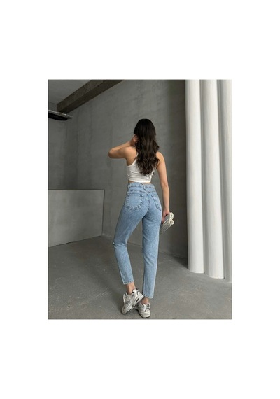 Kene Jeans Yüksek Bel Taş Yıkama Diz Lazer Yırtık Detaylı Mom Jeans Taş
