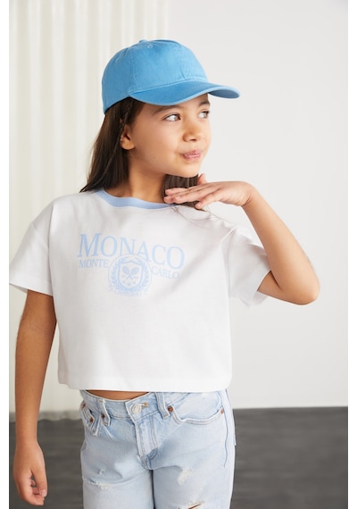 Grimelange Grımelange Bıtten Kız Çocuk %100 Pamuk Baskılı Kontrast Renk Yakalı Kısa Kollu Mavi T-shirt