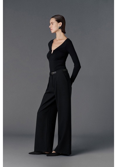 Vatkalı Kemerli Wide Leg Pantolon-20480 Siyah