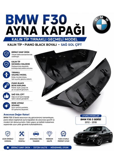 Bmw F30 Piano Black Ayna Kapağı Sağ + Sol Takım Kalın Tip Tırnaklı Geçmeli Model