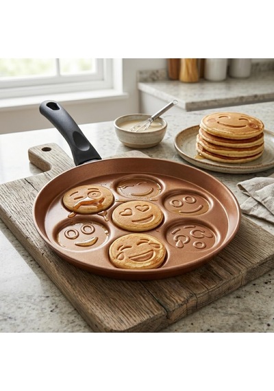 Papilla Redio Emoji Pankek Ve Yumurta Tavası - 7 Bölmeli Gülen Yüz Tasarımlı, Yanmaz Yapışmaz Krep Tavası 28 Cm Bronz Çok Renkli
