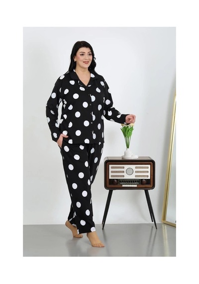 Najmaddin.com Beru Kadın Büyük Beden Pamuklu Cepli Düğmeli Siyah Pijama Takım