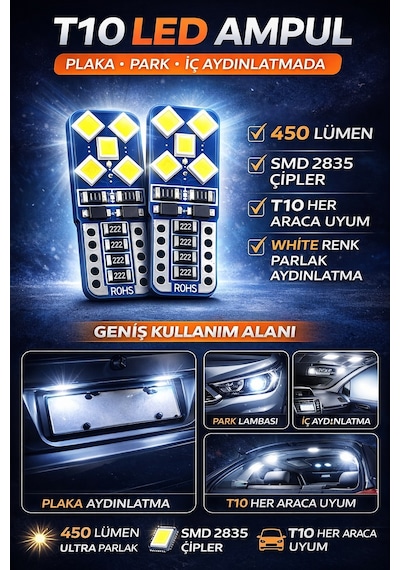 T10 Led Ampul Beyaz 12v Canbus Hatasız Ultra Parlak 450 Lümen Park Plaka İç Aydınlatma Tavan Bagaj Torpido W5w 2 Adet